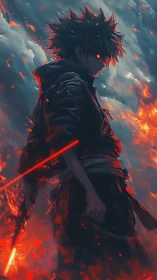 Fiery-eyed warrior in stormlit inferno with glowing katana.