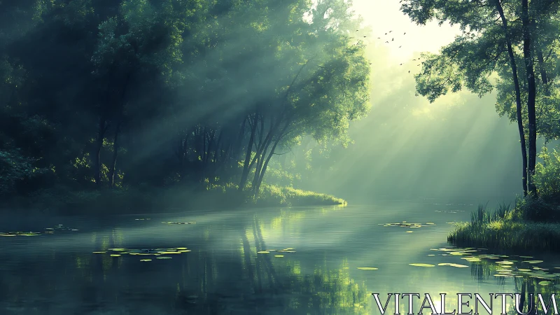 Digital painting of misty riverside forest with dappled light.