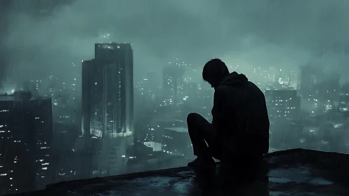 Solitary hooded figure on rainy rooftop above neon cityscape