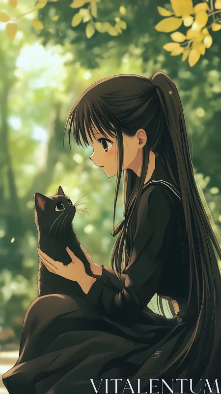 Girl in dark uniform holds black cat in sunlit setting