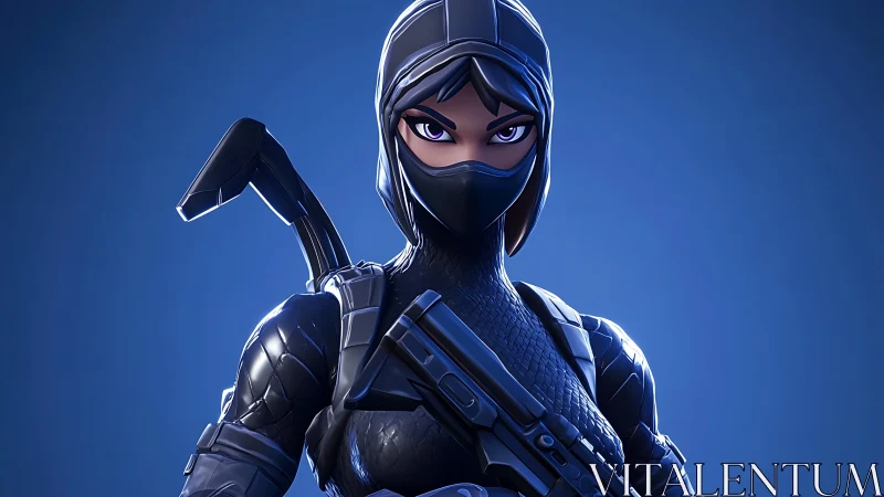 Stealth cyber ninja character in black tactical armor.