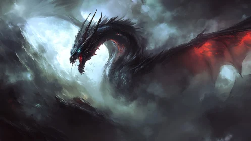 Dark dragon form emerges through dense storm clouds