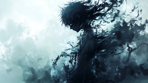 Dark ethereal silhouette dissolving into stormy mist.