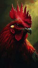 Red Rooster Portrait with Spiked Crown Against Muted Green.