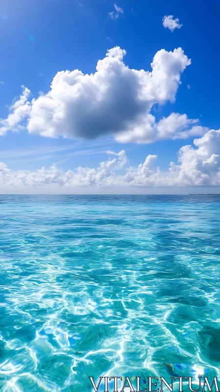 Glittering turquoise sea below towering sunlit clouds.
