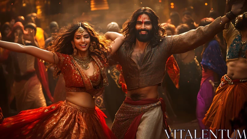 Dynamic Indian dance duo under cinematic warm festival lighting