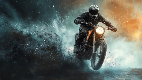 Motorcyclist charges through spray in a cinematic night storm