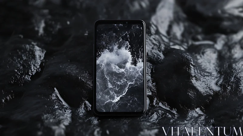 Storm-touched smartphone cradled in glossy black waves.