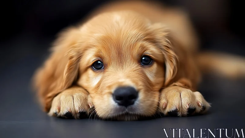 Golden puppy lying down with paws forward on floor.