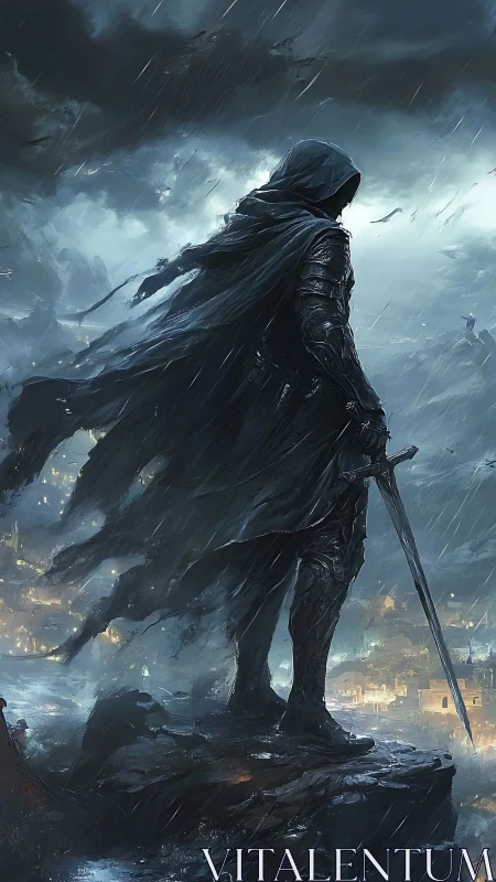 Hooded armored figure stands on cliff above stormlit city