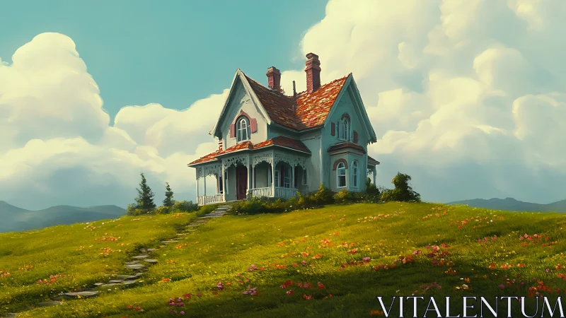 Storybook hilltop cottage quietly sings beneath huge clouds