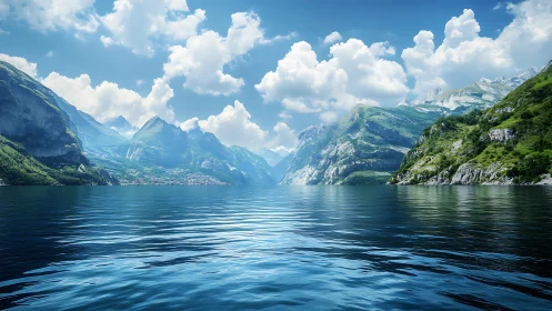 High-altitude fjord lake under dynamic cumulus sky.