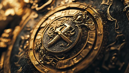 Gilded sigil of sword and serpent on ancient black stone.