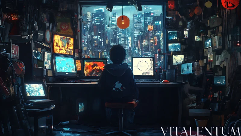 Midnight coder orchestrates neon city from glowing bunker