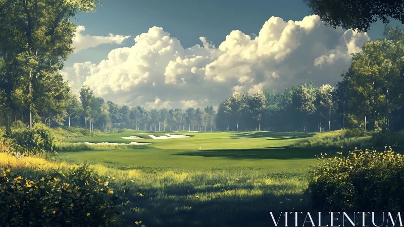 Sunlit forest golf fairway under towering summer clouds.