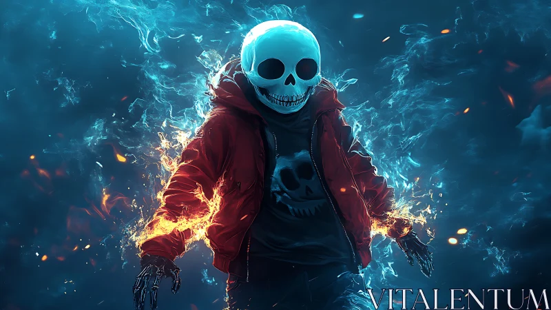 Flaming skull street phantom in vivid neon stormscape.