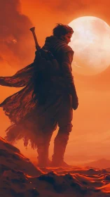 Lone dune wanderer silhouetted against a burning desert moon.