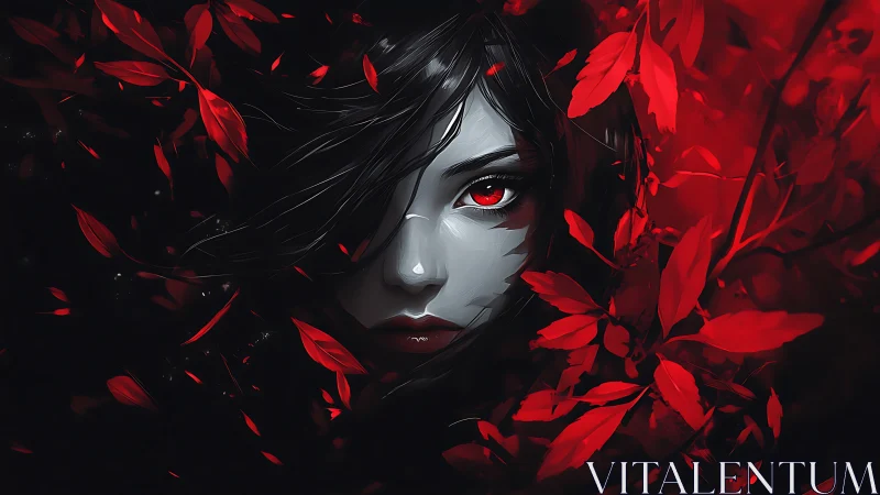 Crimson leaves embrace a mysterious midnight gaze.