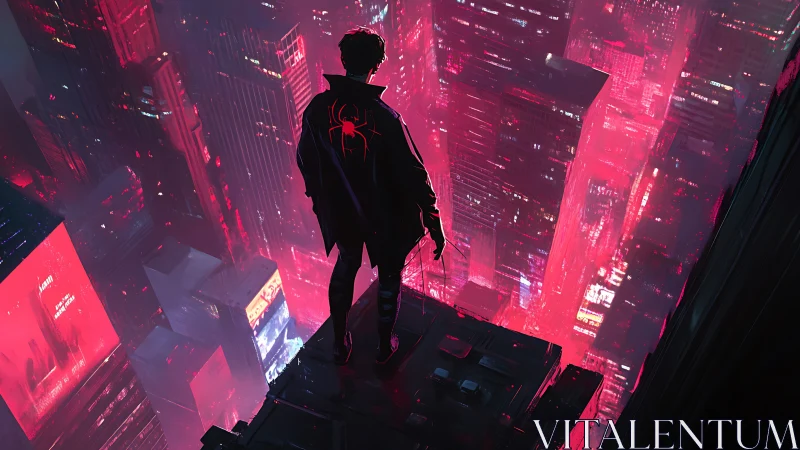 Cyberpunk vantage of masked vigilante above neon megacity.
