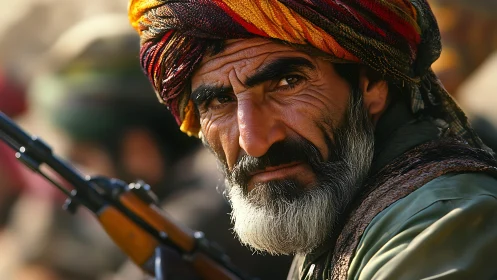 Weathered fighter gazes intensely amid sunlit conflict