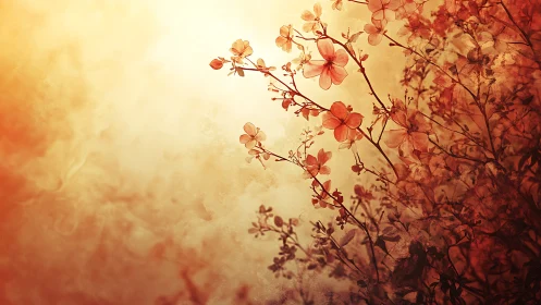 Red floral branches extend diagonally across warm gradient