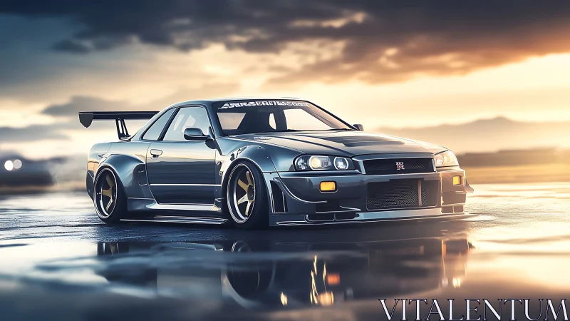 Widebody Nissan GT-R R34 at sunset, cinematic 3D render.