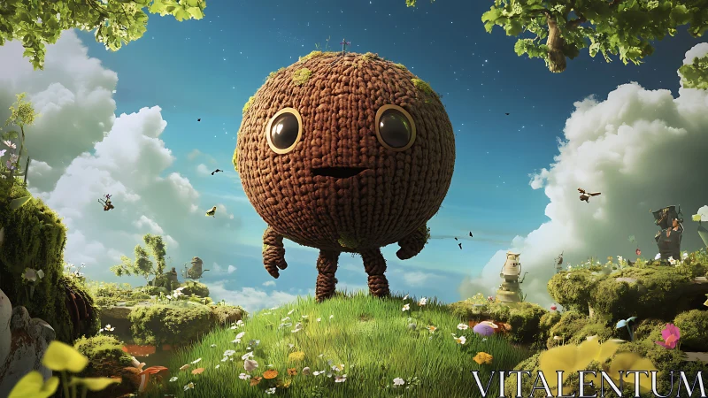 Woven spherical character on lush floating island under clouds