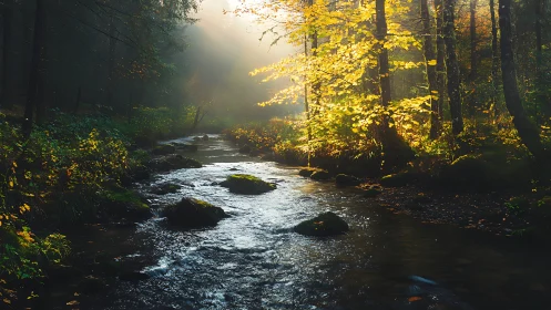 Forest stream with autumn foliage and morning light penetration.