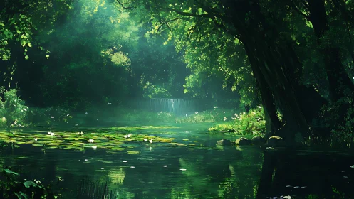 Luminous Forest Canopy Framing Tranquil Water.