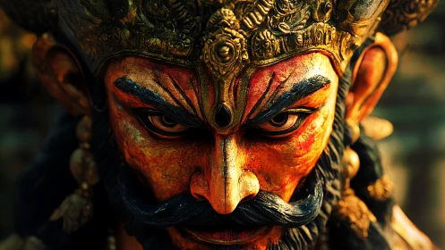 Gilded mythic warrior mask close-up with intense directional light