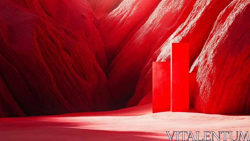 Red desert canyon with geometric monolith structures.