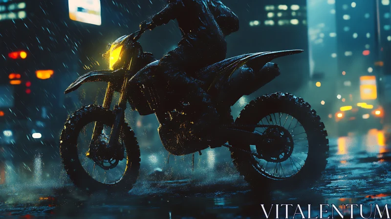 Motorcyclist cuts through neon rain on slick urban streets.