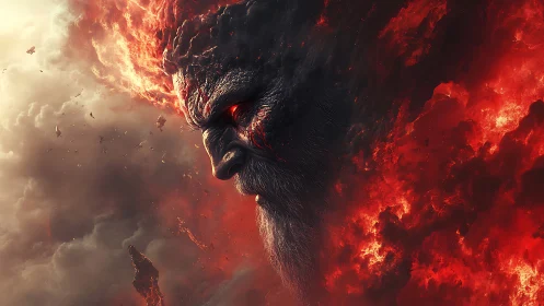 Fire-forged titan emerging from storm and molten sky.