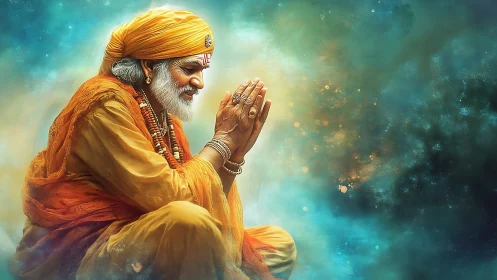 Elderly holy man kneels in prayer against glowing abstract sky