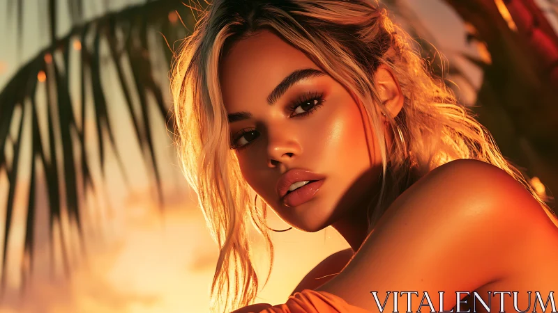Sunlit tropical portrait glows in warm golden sunset hues.