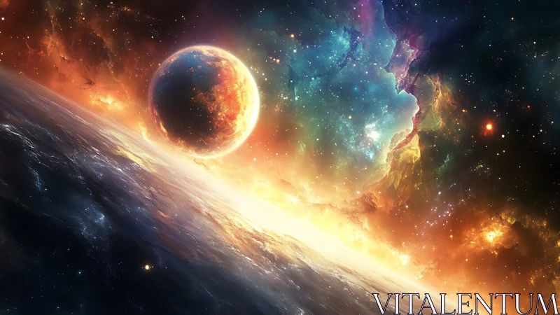 Distant planet over illuminated horizon in vivid nebula scene.