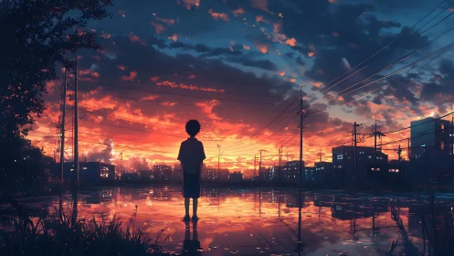 Twilight puddle dreamscape with a lone kid and electric skies.