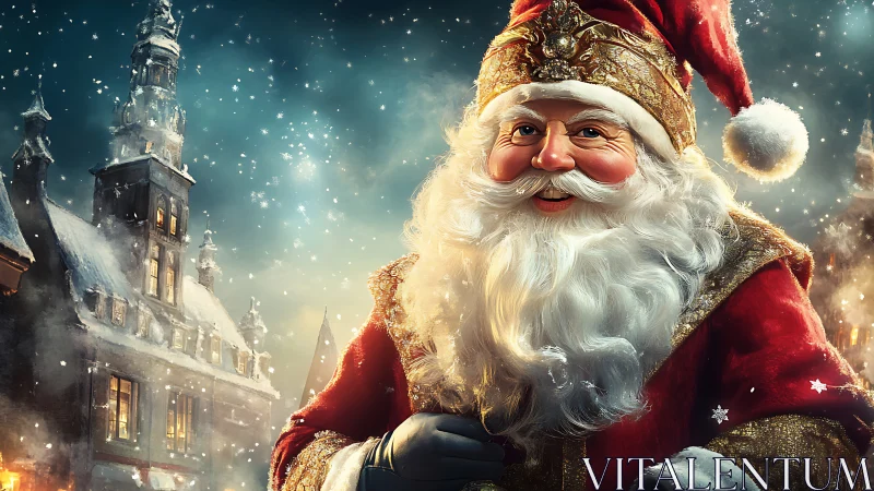 Festive Santa portrait in ornate red coat, snowy town backdrop.