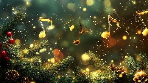 Golden holiday music notes sparkling over festive pine.