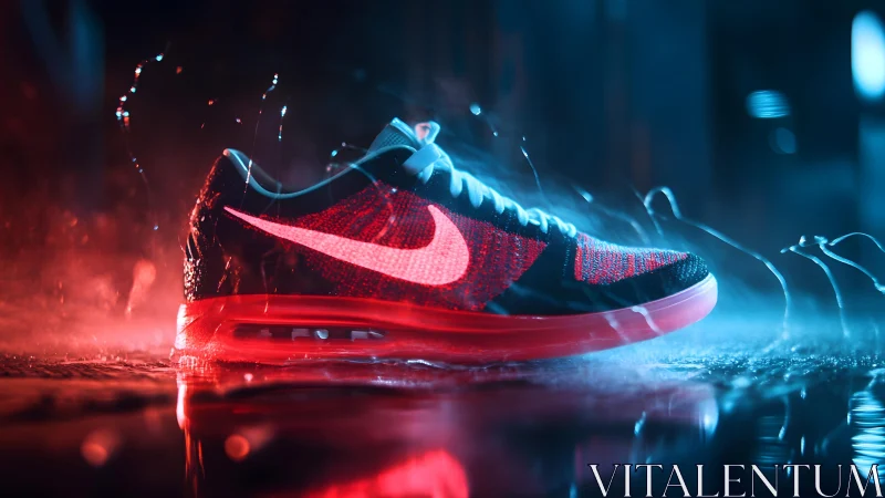 Sleek Red Nike Running Shoe in Futuristic Neon Lighting.
