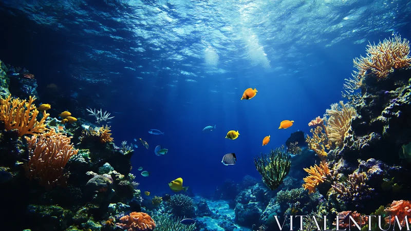 Coral reef scene with tropical fish in clear blue water.