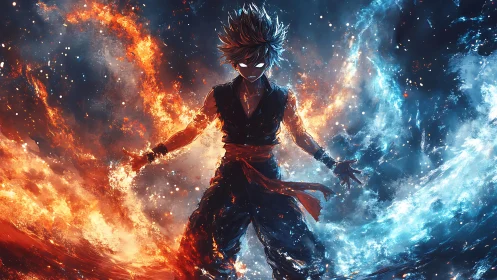 Fiery blue energy character stands centered between elements