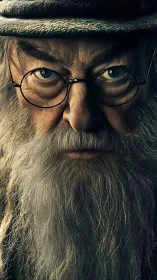 Elderly bearded man stares forward under shadowed cap.