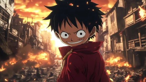 Smiling anime fighter stands in burning ruined city street.