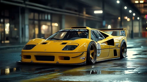 Widebody yellow race car on wet urban street at night