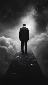 Photorealistic man on celestial walkway in high-contrast chiaroscuro.