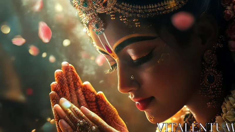 Divine woman in prayer glows amid drifting petals and light.