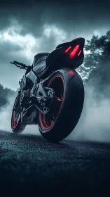 Sport motorcycle stands on wet asphalt with rear lights glowing