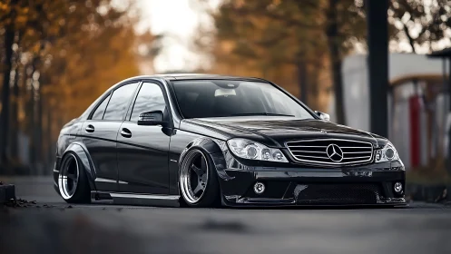 Sleek black Mercedes cruising low through quiet autumn streets.