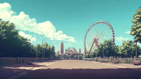 Ferris wheel overlooks a serene, sunlit urban parkway